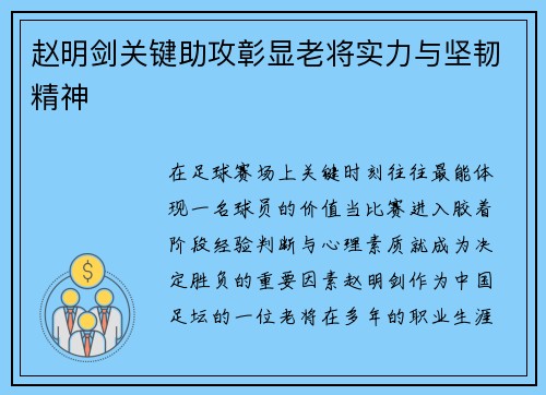 赵明剑关键助攻彰显老将实力与坚韧精神